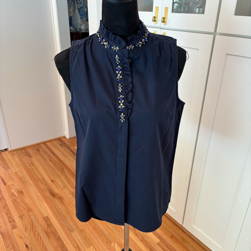 J.Crew Ruffle-Collar Sleeveless Button-Down Shirt – Navy (Size 4)